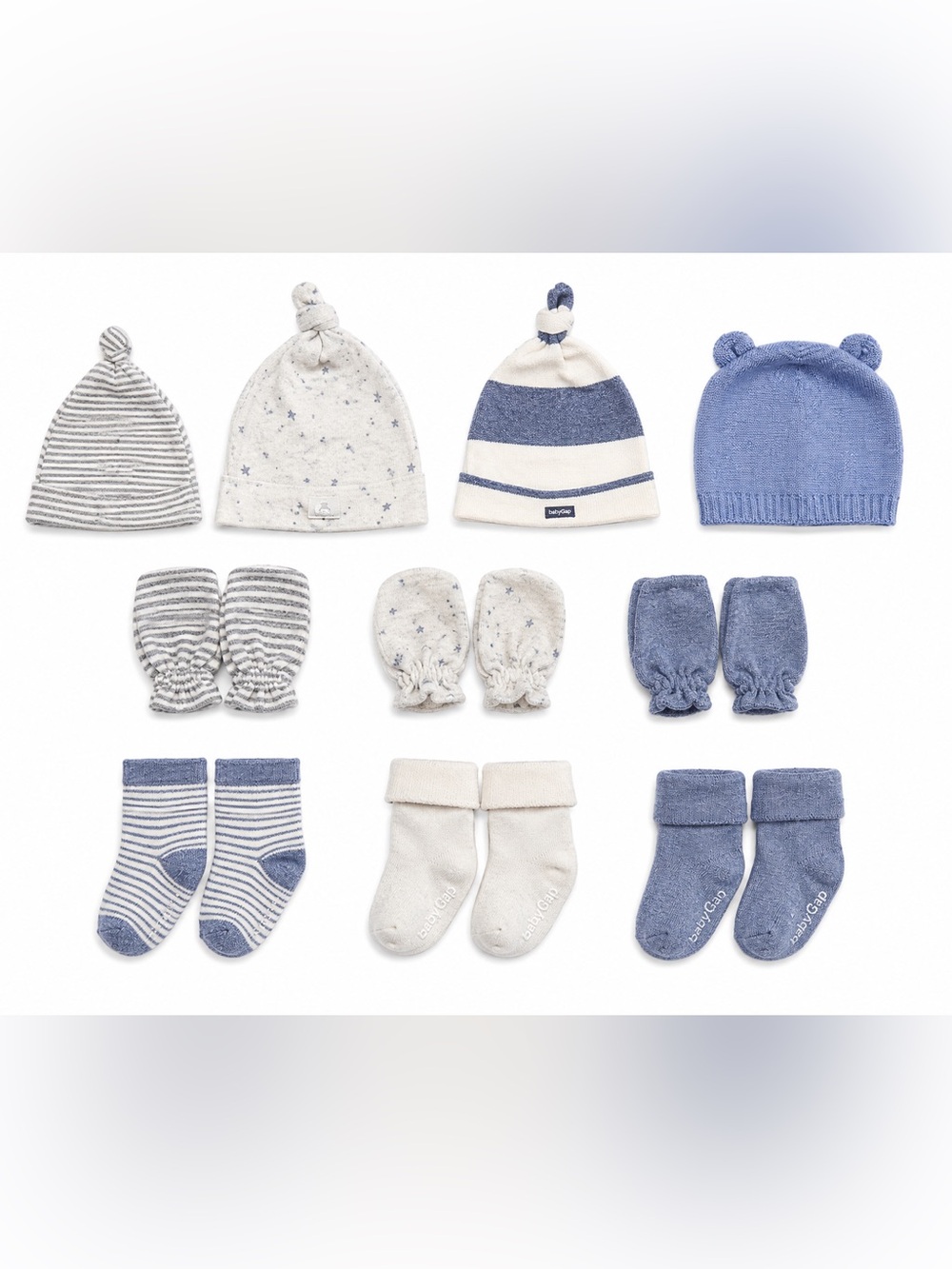 Baby Gap 10 Pc Newborn Hat Mitten Sock Set 0-3M Blue Gray Cotton Gift